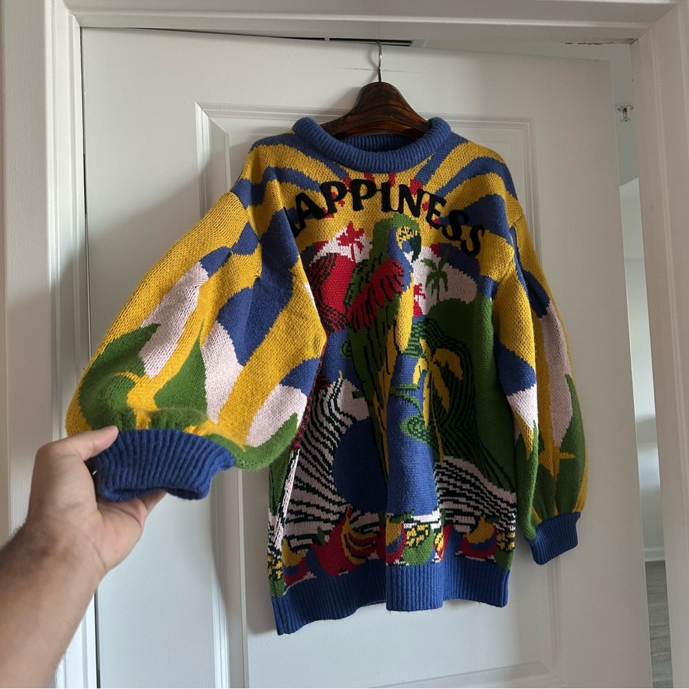 FARM Rio Multicolor Parrot 'Happiness' Knit Sweater - Purple, Yellow, Green, Red - Picture 3 of 9